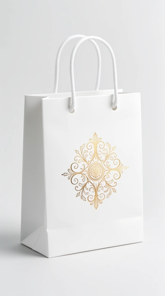 A pristine white paper gift bag stands upright against a seamless light gray studio backdrop. The matte-finished bag features crisp structural folds and white twisted rope handles secured through circular eyelets. Centered on the front face is a luxurious gold foil-stamped ornate crest, showcasing symmetrical swirling filigree, elegant botanical flourishes, and delicate linework radiating from a central medallion. Soft, diffused high-key studio lighting creates smooth gradients across the surface and casts a gentle drop shadow to the left. The minimalist product photography highlights the sharp, clean lines of the bag and the elegant contrast between the monochromatic environment and the warm, reflective metallic details of the decorative emblem.