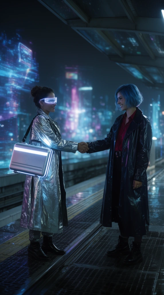 Two women in futuristic trench coats shake hands on a neon-lit elevated train platform at night. The woman on the left wears a reflective silver coat, glowing visor glasses, and carries a metallic luminescent briefcase over her shoulder. She grasps the hand of the woman on the right, who features short blue hair and a dark vinyl coat over a crimson shirt. Both exchange confident smiles. The open-air maglev platform features rain-slicked metal grating reflecting the ambient light. Glowing holographic cityscapes in vibrant cyan and magenta blur into the dark sky behind them. Captured as a cinematic wide shot with an anamorphic lens, highlighting a high-contrast cyberpunk aesthetic, moody neon lighting, and shallow depth of field centered around the illuminated handshake.