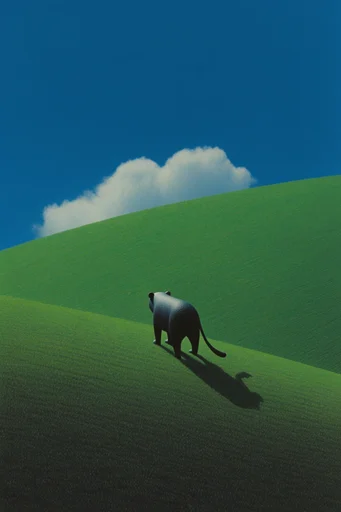 Surreal Liminal Pastoral style reference image — vibrant green hills