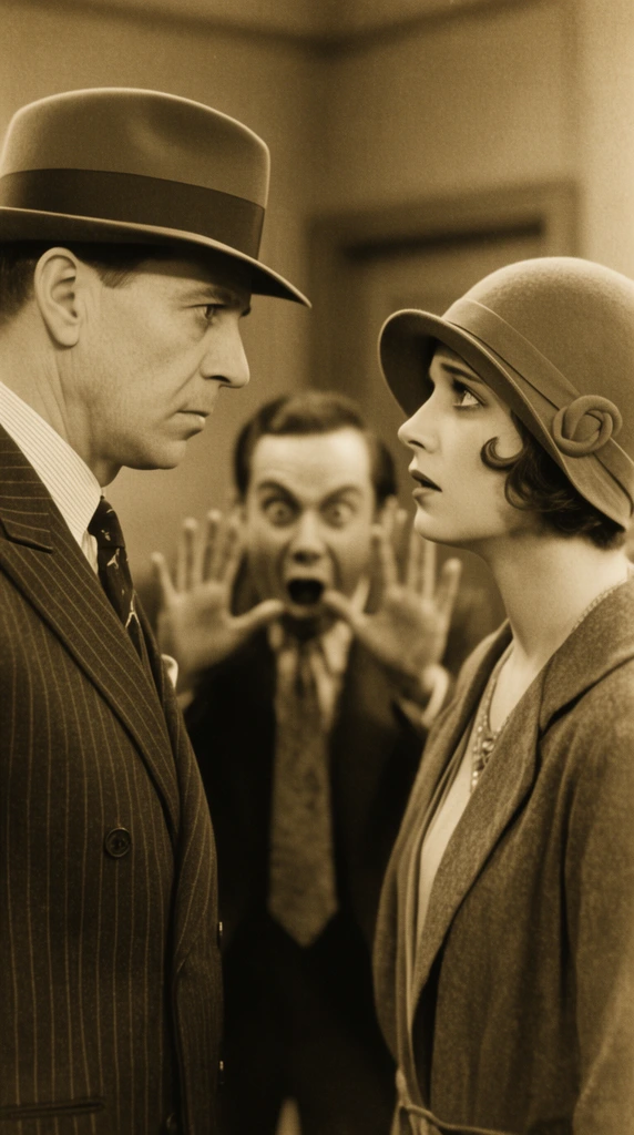 sepia photograph, serious man in pinstripe suit and fedora facing concerned woman in cloche hat, blurred background figure making comical face with raised hands, vintage grainy texture