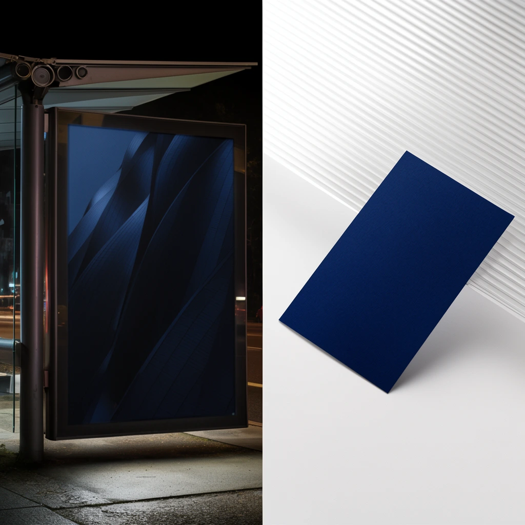 A split-screen composition contrasting a dark outdoor scene with a bright, minimalist studio setup. The left side features a modern bus shelter at night with a glowing rectangular panel displaying an abstract, dark blue architectural pattern. The right side shows a dark blue rectangular card resting diagonally against a crisp white surface. Fine horizontal ridges on the white background cast soft linear shadows, highlighting the stark lighting juxtaposition and sleek modern aesthetic.