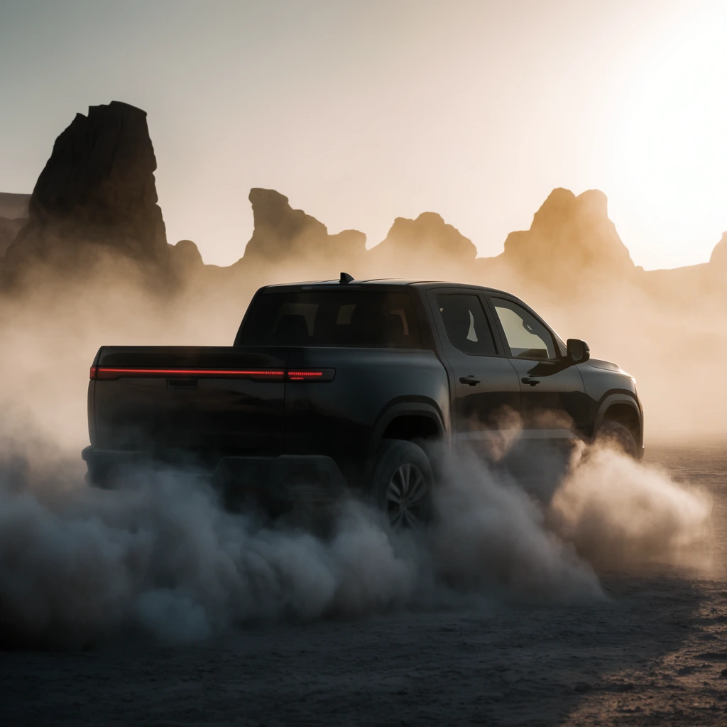 A dark modern pickup truck kicks up a thick cloud of dust in a hazy desert landscape. Seen from a rear three-quarter angle, the vehicle features a continuous glowing red taillight bar. Pale gray dust engulfs the truck's lower half, emphasizing rapid forward motion. Jagged silhouettes of rock formations rise in the background against an intensely bright, backlit sky. The cinematic automotive photography uses dramatic high-contrast lighting and a warm, atmospheric color palette.