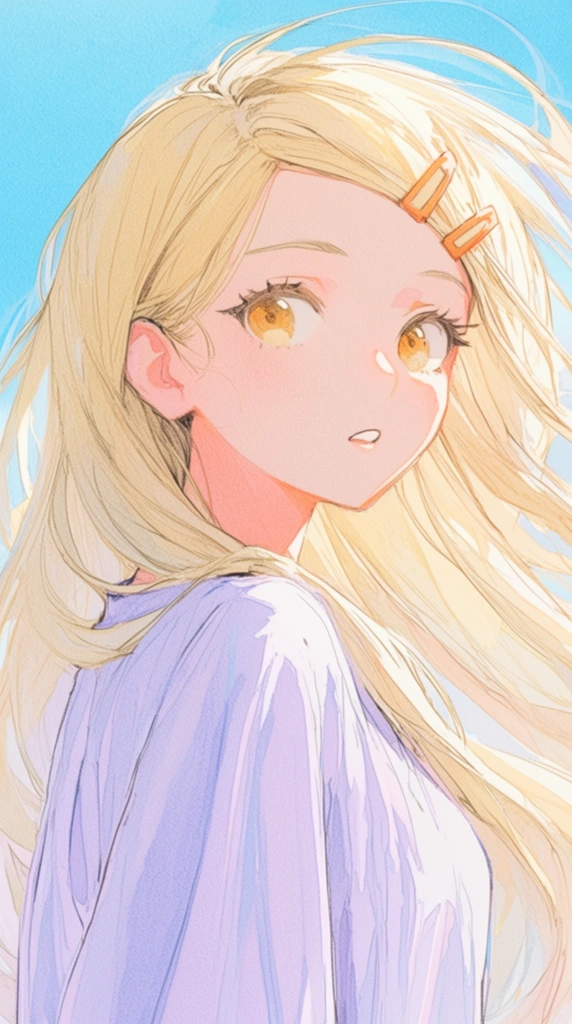 A close-up anime-style illustration features a young woman with long, voluminous blonde hair billowing wildly against a vibrant light blue sky. She looks back over her shoulder with slightly parted lips and large golden-amber eyes. Two thin orange hair clips pin back her bangs above a loose-fitting, light lavender draped garment. Bright, warm lighting casts soft peach and pink shadows across her face and neck. The piece utilizes delicate, sketchy linework, a high-key pastel color palette, and gentle watercolor-like shading with a subtle grain texture, capturing a breezy aesthetic.