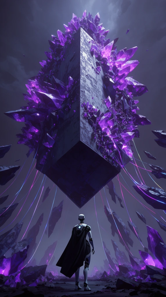 A cloaked android gazes up at a colossal floating geometric monolith overgrown with glowing purple crystals. Neon tethers connect the central structure to jagged floating shards against a dark atmospheric sky, emphasizing immense scale through a cinematic wide-angle perspective.