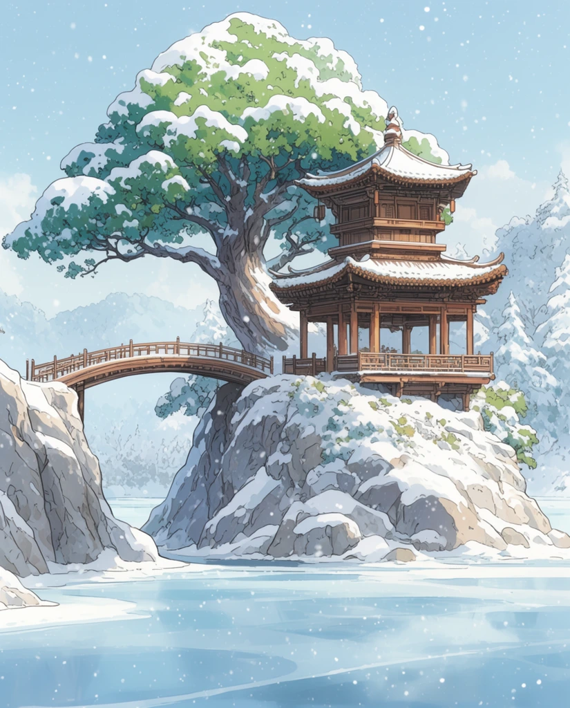 serene winter landscape in 2D animation style, traditional multi-tiered wooden pavilion on a snowy rocky island, arched wooden footbridge connecting to a steep crag, large ancient tree with green canopy heavily laden with snow, frozen pale blue lake, gentle falling snow, pastel palette of icy blues and warm browns, detailed crisp line art, cel-shaded illustration