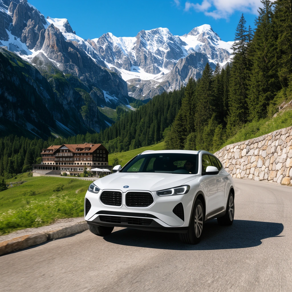 white sports SUV driving on paved mountain road, towering snow-capped rocky peaks, dense evergreen forests, traditional alpine hotel in a lush valley, stone retaining wall, bright sunlight, clear blue sky, wide-angle automotive landscape photography