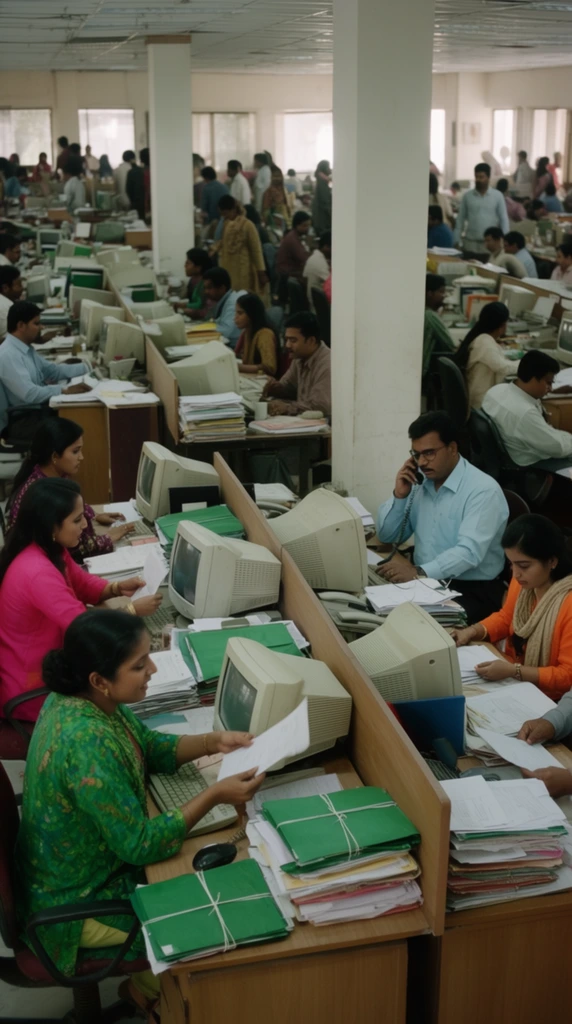 A bustling open-plan office is densely packed with employees working at rows of light brown wooden desks separated by low partitions. In the foreground, a woman in a vibrant green patterned top exchanges documents with a colleague in a bright pink shirt, while a nearby man in a light blue button-down speaks on a black landline phone. To the right, a woman in an orange top and beige scarf focuses downward next to a man examining paperwork. The desks are heavily cluttered with bulky beige CRT monitors, stacks of paper, and green folders tied with white string. Two prominent white square support columns divide the room vertically, leading the eye toward the crowded background of moving staff and illuminated windows. The cinematic, medium-wide shot uses natural daylight to highlight the vivid clothing contrasting against the muted, utilitarian architecture.