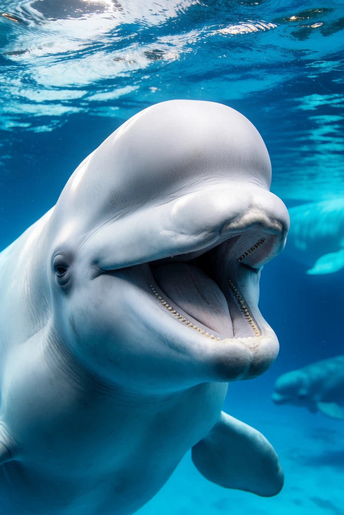 close-up of a white beluga whale, open mouth revealing small teeth, prominent bulbous forehead, vivid blue underwater environment, sunlight filtering through rippling water surface, out-of-focus background with distant whales