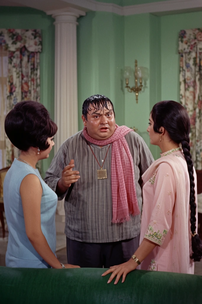 A startled man stands between two women in a mint-green room. The plump central figure has wet hair plastered to his forehead, gesturing nervously. He wears a striped grey shirt, a pink checkered scarf, and a square pendant. To the left, a woman in profile sports a dark bouffant updo and a light blue sleeveless top. Opposite her, a woman wears a pale pink embroidered outfit and a long, thick braid. The trio stands behind a dark green sofa back. The background features white columns, floral curtains, and a brass wall sconce, rendered with the vibrant palette and soft focus of 1960s cinematic film photography.