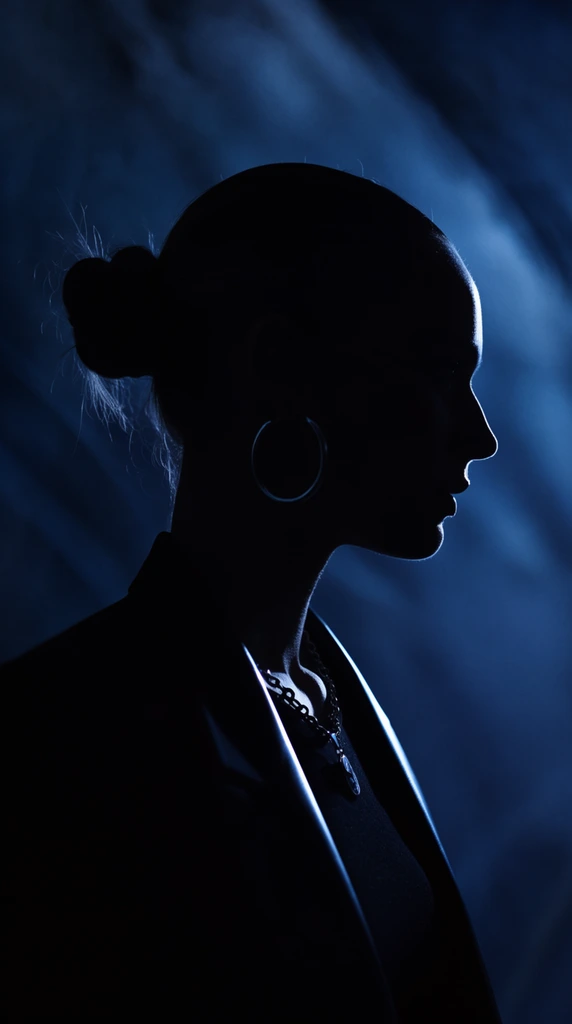 A striking cinematic profile silhouette of a person facing right against a hazy, deep blue background. Intense cool-toned backlighting creates a stark rim-light effect outlining the facial features and neck, illuminating delicate stray hairs escaping from a tight bun. The figure wears a large metallic hoop earring, a chain necklace with a pendant, a dark top, and a tailored jacket with a subtly glowing lapel edge. The surrounding environment is submerged in heavy shadows, featuring abstract, smoky diagonal textures washed in a moody, monochromatic sapphire glow. The composition utilizes extreme low-key lighting and high contrast to emphasize pure contour and atmospheric tension.
