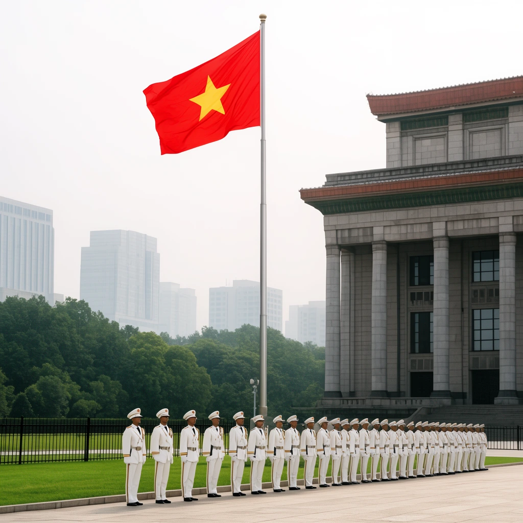 A massive red flag with a yellow star flies from a towering silver flagpole in a vast public square. Below, a precise row of guards in crisp white uniforms stands in formation next to a bright green lawn and black fence. A monumental grey stone building with thick columns anchors the right side, while hazy modern skyscrapers and lush trees recede into the pale overcast background.