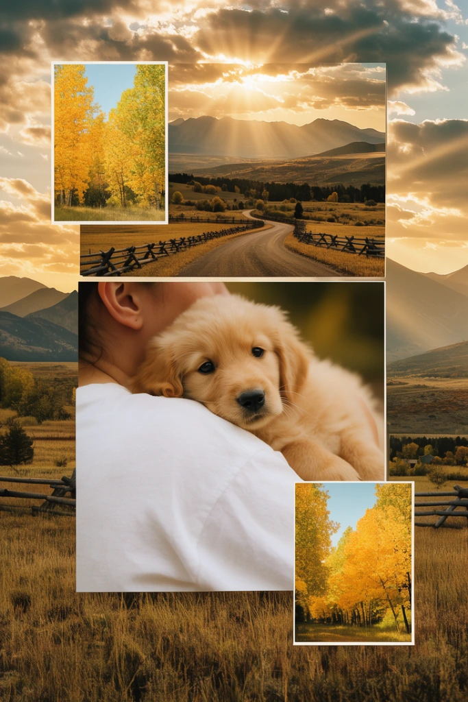 geometric photo collage of overlapping rectangular panels, fluffy golden retriever puppy held by a person in a white shirt, portrait of the puppy resting its head over a shoulder, dramatic landscape backdrop of grassy plains and mountains under a golden hour sky with sun rays, rural valley with a winding road and wooden split-rail fence, inset squares of vibrant yellow autumn tree canopies, nostalgic scrapbook aesthetic, warm earthy colors, varied photography perspectives