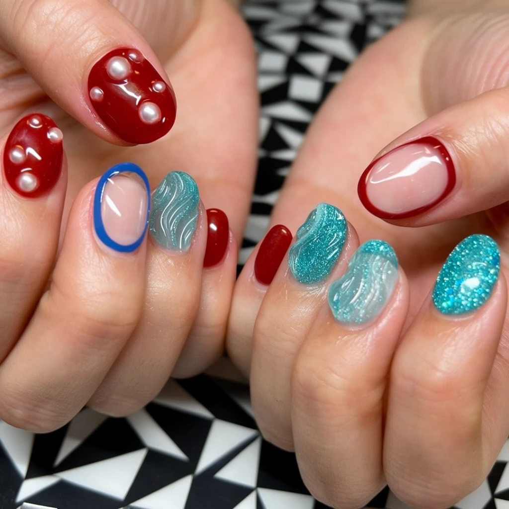Close-up two hands, mismatched 3D gel nail art, glossy red with pearl, blue-rimmed clear nail, turquoise glitter, wavy textures, geometric black and white background, macro