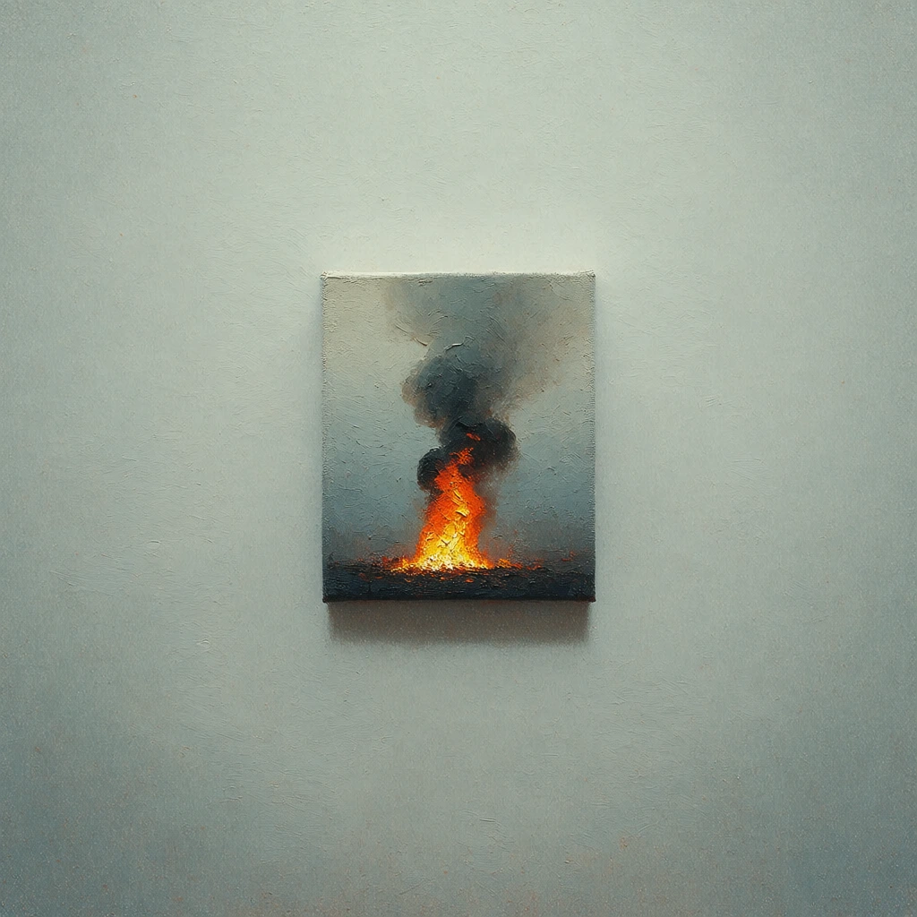 a lone, small rectangular canvas centered on an expansive minimalist wall, extreme negative space, muted desaturated cool grey and off-white color palette, heavy impasto brushstrokes and visible tactile grain, central focal point of intense high-chroma orange fire within the artwork, vertical plume of dark charcoal smoke rising into atmospheric haze, soft diffused low-key lighting, somber isolating mood, cinematic framing, painterly digital aesthetic, high-signal visual textures.