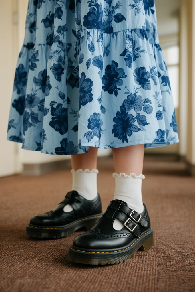 close-up of lower legs, light blue tiered skirt with large dark blue floral print, white ankle socks with ruffled edges, chunky black leather Mary Jane shoes with T-strap design, double silver buckles, brogue details, thick soles with yellow stitching, standing on textured brown carpet, blurred indoor hallway background with light walls, soft natural lighting, shallow depth of field
