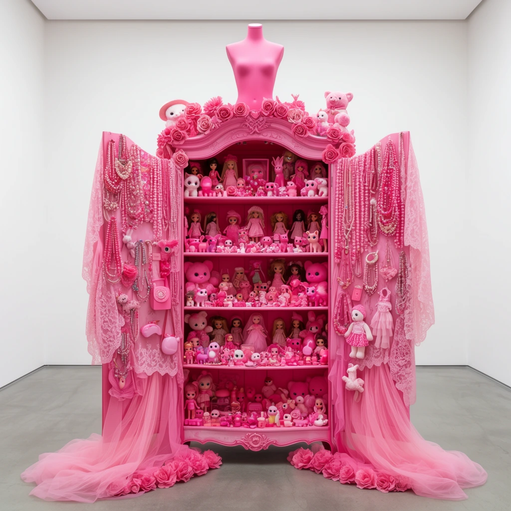 massive monochromatic pink assemblage sculpture in a stark gallery, pink mannequin torso crowning an ornate cabinet, shelves intensely packed with countless pink plastic toys, fashion dolls, miniature animals, plush figures, artificial roses, beaded jewelry, draping lace, flowing pink tulle pooling on the floor, bright even lighting, maximalist composition, stark white walls, grey floor