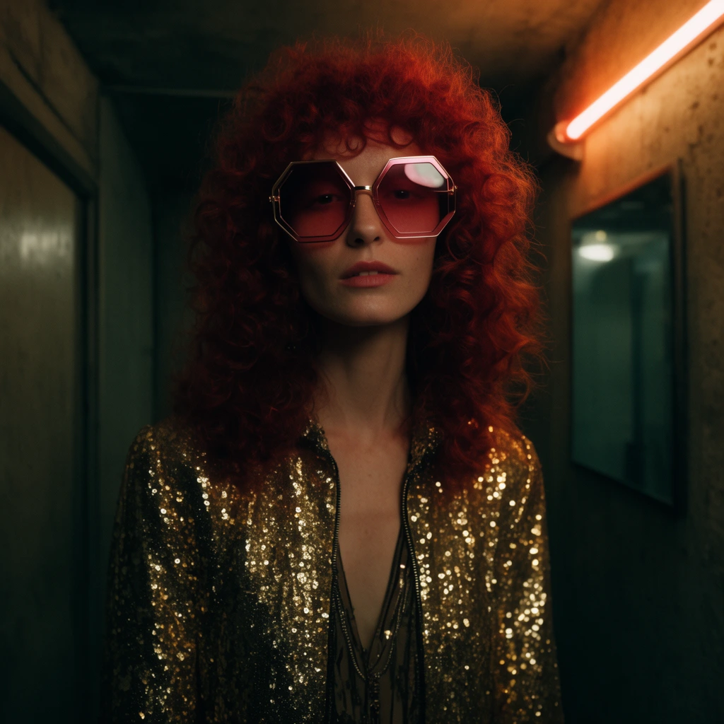 A slender woman with voluminous red curls stands in a dimly lit concrete corridor, wearing a gold sequined jacket and oversized hexagonal rose-tinted sunglasses. A warm neon tube illuminates the textured wall behind her beside a blurred mirror. Cinematic medium portrait, low-key lighting, deep shadows, moody 70s rock aesthetic, shallow depth of field, rich color grading.