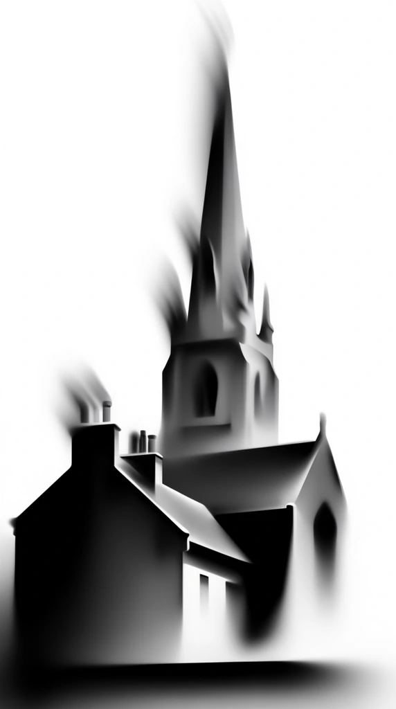 A tall church spire rises prominently behind a cluster of buildings with chimneys, rendered in a stark, minimalist black-and-white digital art aesthetic. The architectural structures appear as dark, heavily stylized forms featuring smooth, volumetric grayscale gradients that impart a sleek, airbrushed three-dimensional quality. A pure, untextured white background isolates the buildings, while a pronounced, sweeping directional blur effect distorts the uppermost tips of the spire and chimneys, elongating their edges into soft, fluid streaks drawn toward one side. The buildings rest upon a dark, soft-edged base, emphasizing extreme high-contrast tonal values, pristine fluid geometry, and a surreal, ethereal visual style characterized by crisp lower boundaries dissolving into blurred, smeared upper extremities.