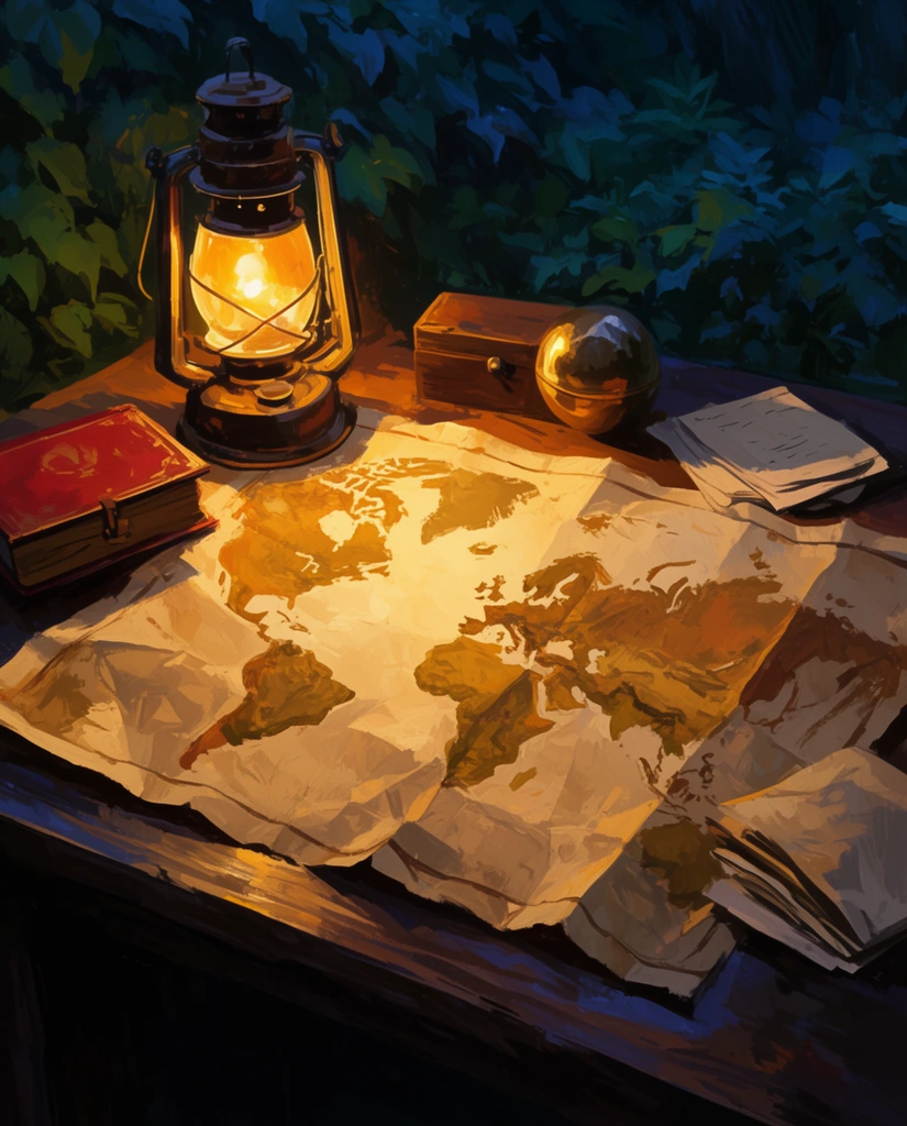 A heavily creased parchment map lies unfolded across a dark wooden table, intensely illuminated by the warm amber glow of a vintage metal lantern. Loose, expressive brushwork highlights the map's textured folds and scattered surrounding objects, including a small red book, a wooden box, a brass sphere, and folded papers. The painterly composition utilizes strong chiaroscuro, contrasting the radiant yellow lamplight with the deep, cool blue and green shadows of dense foliage in the background.
