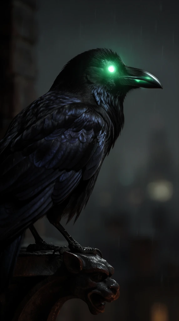 A large, sleek raven with iridescent black feathers perched in full profile on a rusted iron gargoyle. The bird's right eye radiates a piercing, unnatural emerald-green bioluminescent glow that casts a harsh, luminous reflection across its sleek dark beak. Cinematic low-key lighting envelops the scene, creating stark contrasts and deep shadows within the layered plumage. Shot with a shallow depth of field, the razor-sharp focus rests on the glowing eye and the intricate textures of the feathers, while the background dissolves into a murky, rain-drenched urban night sky filled with soft, diffused bokeh.