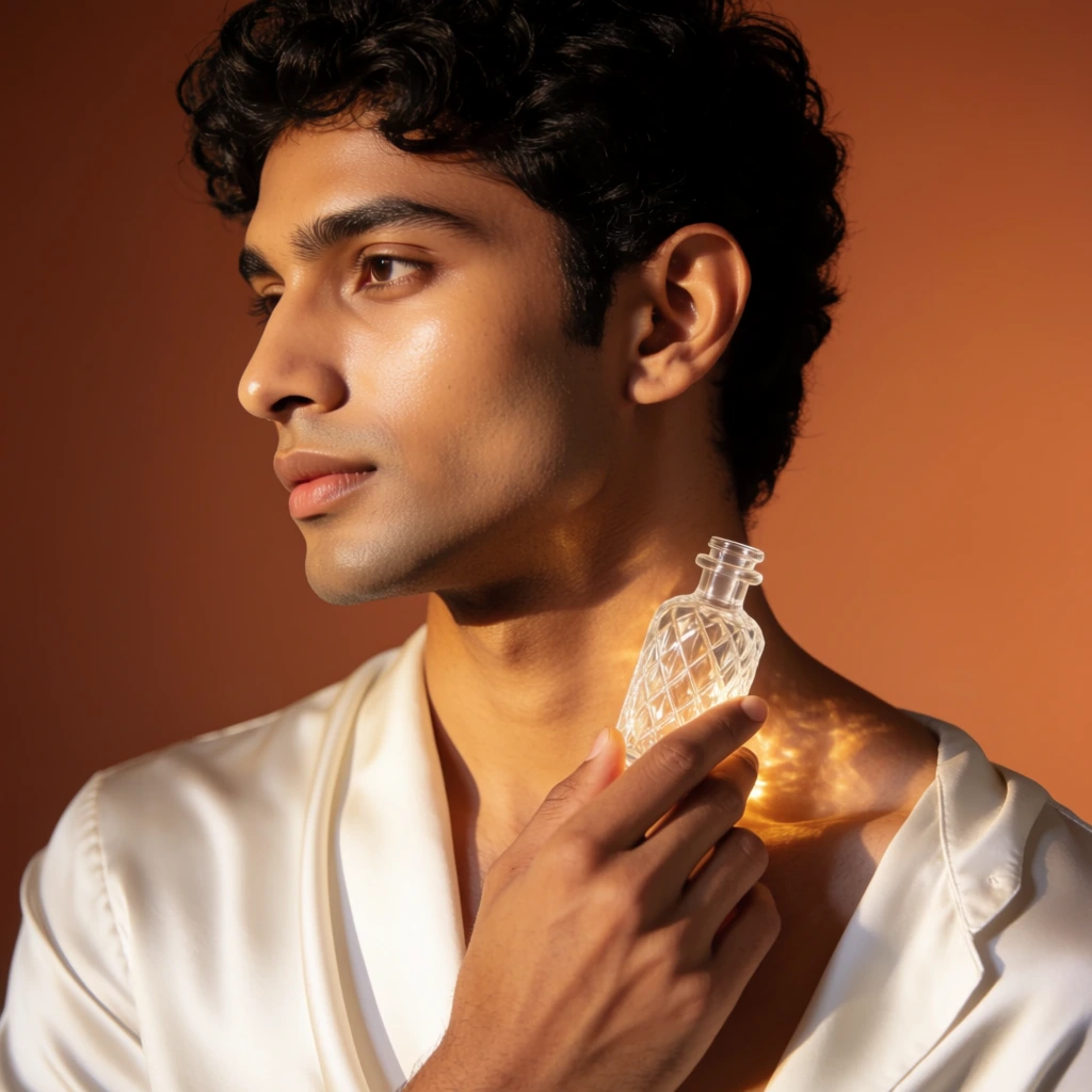 A high-end beauty portrait of a young South Asian man with short curly hair in profile against a warm terracotta background. Wearing a draped white silk shirt, he delicately rests a faceted glass vial against his collarbone. Golden-hour studio lighting illuminates his flawless, dewy skin and sharp jawline. The crisp composition highlights the elegant interaction between his delicately posed hand and the glowing glass object, captured with a shallow depth of field.