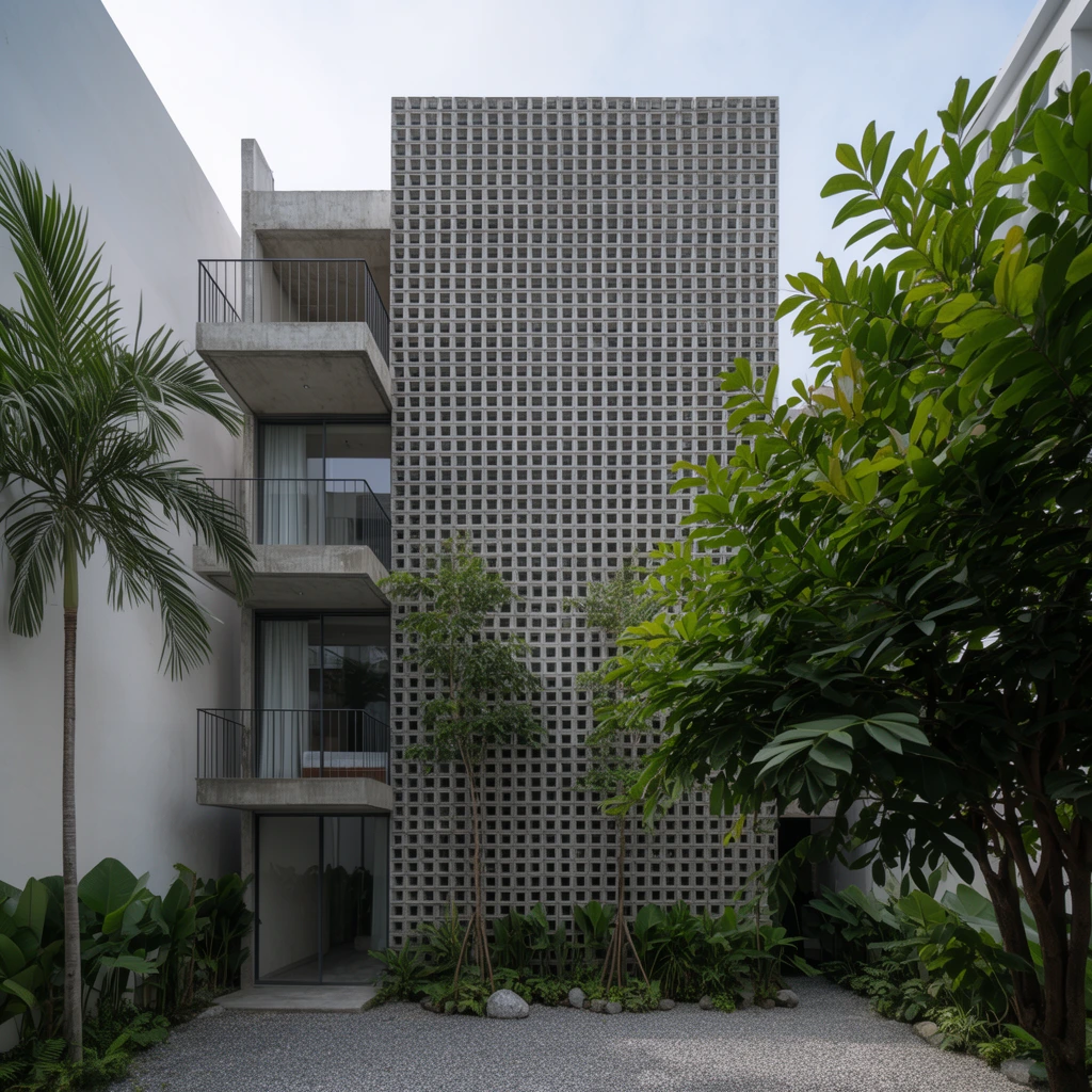 Exposed concrete architecture features a towering square breeze-block facade overlooking a gravel courtyard. Staggered concrete balconies with thin black railings adjoin glass-fronted rooms. Lush tropical foliage, slender saplings, and a large leafy foreground tree soften the brutalist gray structures. Adjacent minimalist white walls and a tall palm rise against a pale overcast sky in crisp, natural lighting.