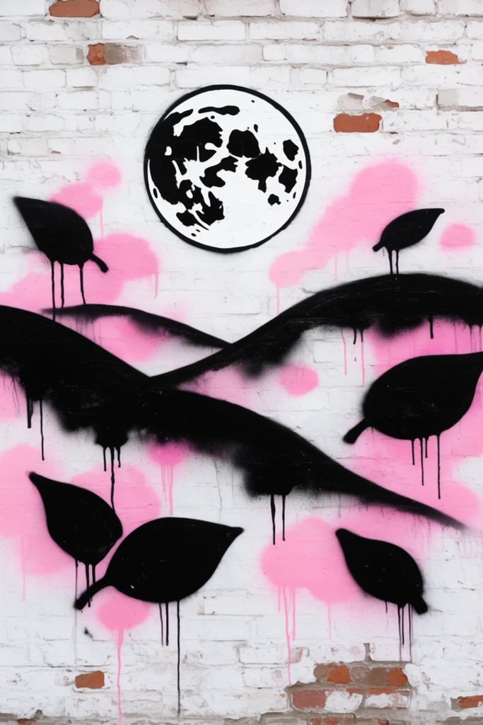 A street art graffiti mural on a heavily textured white painted brick wall depicting a full moon over undulating rolling hills and large scattered leaves. The hills and leaves are rendered as stark, high-contrast solid black silhouettes with fuzzy spray-painted edges, punctuated by thick vertical black paint drips bleeding downward. The full moon hangs above, painted in bold black stencil-like graphics. Layered behind and interspersed among the stark black elements are amorphous, soft-edged splotches of vibrant bubblegum-pink spray paint, which also feature thin, watery pink paint drips trailing down the masonry. The background canvas consists of a distressed white brick facade with deep horizontal and vertical mortar joints, chipped white paint, and scattered exposed patches of raw reddish-brown clay brick visible beneath the painted layers.