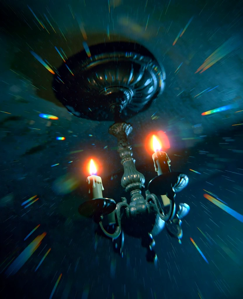 an ornate ceiling light fixture with two lit candles, captured with a violent radial zoom burst, deep teal and ink-black color palette, intense glowing orange light emanating from the candle flames with hot white cores, prismatic chromatic aberration on peripheral light shards, dynamic dutch angle perspective, cinematic lens flare, high-contrast low-key lighting, gritty textured film grain, 3d rendered hyper-realistic detail, streaking light trails from the central axis.
