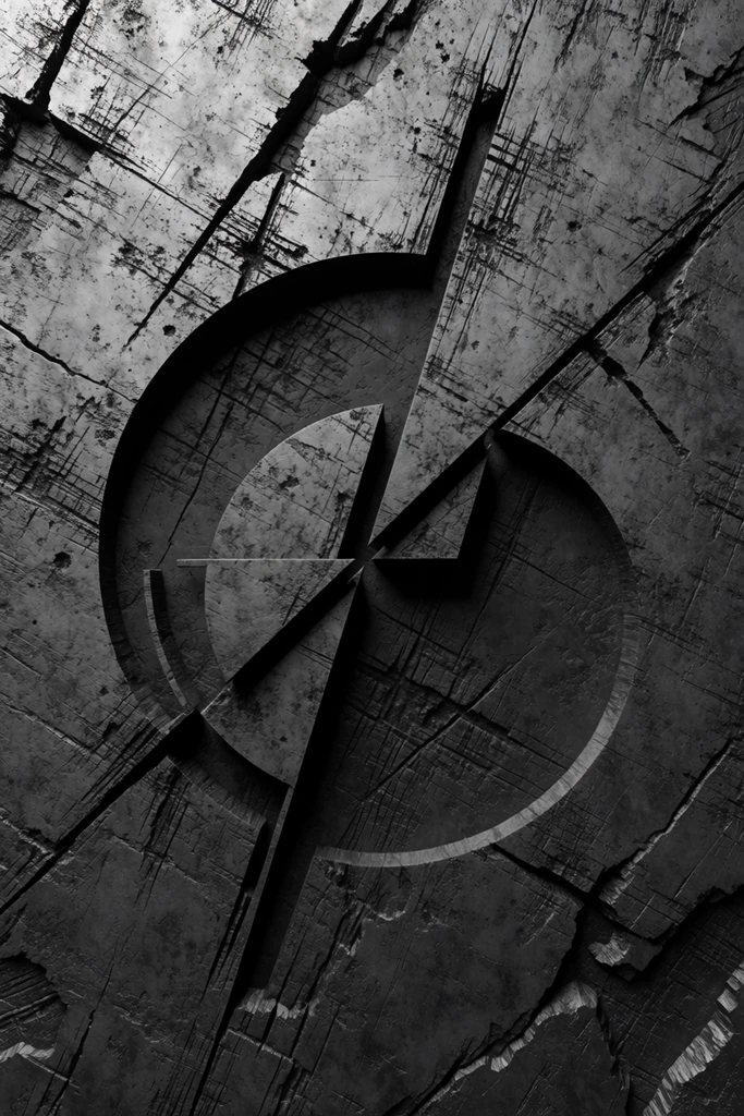 A monochromatic abstract composition featuring a heavily distressed surface resembling etched stone or scuffed metal. Deep, jagged fissures tear diagonally through the textured material. Centrally embedded within this rugged terrain are sharp, dark geometric forms combining sweeping crescents, intersecting lines, and angled planes. These solid black shapes appear slightly raised, casting crisp drop shadows against the heavily grained background. Dramatic directional lighting accentuates the porous imperfections and brutalist aesthetic.