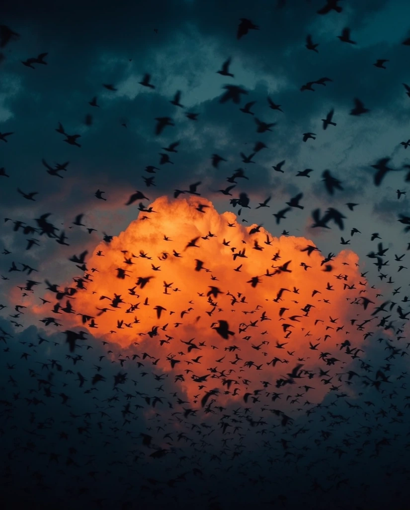 massive flock of bird silhouettes scattered across a dramatic twilight sky, glowing bright orange cumulus cloud illuminated by sunset, deep dark teal and blue atmospheric background, striking warm and cool color contrast, dynamic fluid movement of birds mid-flight, low angle perspective, cinematic lighting, striking visual depth, moody atmospheric aesthetic