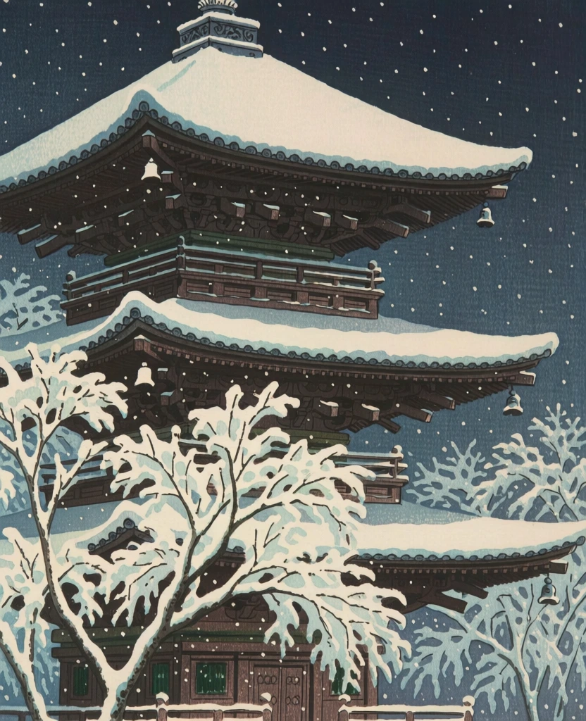 A traditional Japanese pagoda stands amidst snow-covered trees during a nighttime snowfall in a woodblock print style. The tiered pagoda, constructed of dark brown wood, occupies the central and left portions of the frame, with its curved roofs heavily laden with thick, bright white snow. A decorative metal finial sits atop the uppermost roof, and small bells hang from the upturned eaves of the lower tiers. In the foreground, several trees with thin, dark branches are completely coated in white snow, their dense clusters of snowy twigs partially obscuring the lower levels of the pagoda. The entire scene takes place under a dark indigo sky, with tiny, uniform white dots representing falling snowflakes scattered across the sky and the dark surfaces of the architecture. The perspective is a slightly low-angle view looking up at the structure, emphasizing its height and the heavy accumulation of winter precipitation. The composition is tightly cropped, focusing on the contrast between the dark wood, the deep blue background, and the brilliant white snow. The artwork features the clean lines and flat color fields characteristic of the shin-hanga printmaking movement, creating a serene and cold atmosphere.