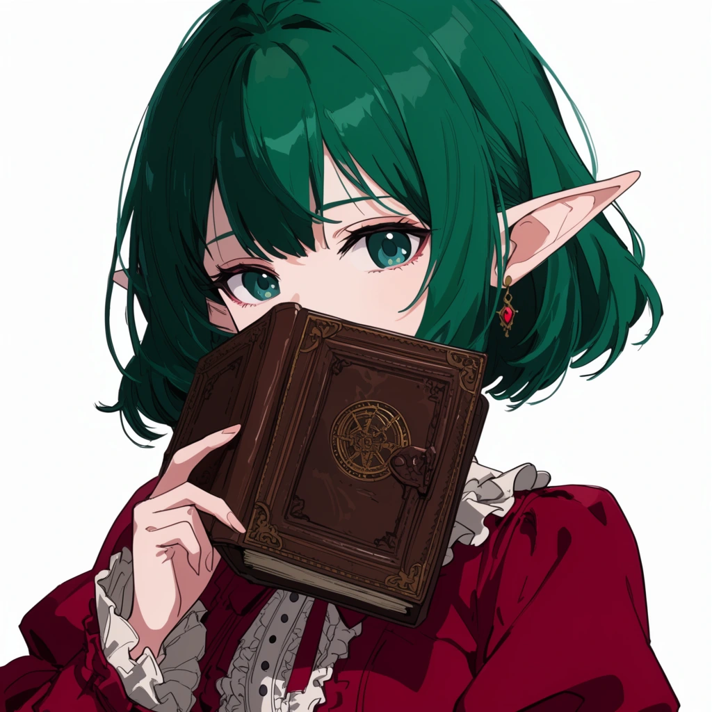 Anime elf girl with short emerald hair, hiding lower face behind a leather grimoire, crimson Victorian dress, pale skin, expressive eyes, white background, cel-shaded illustration
