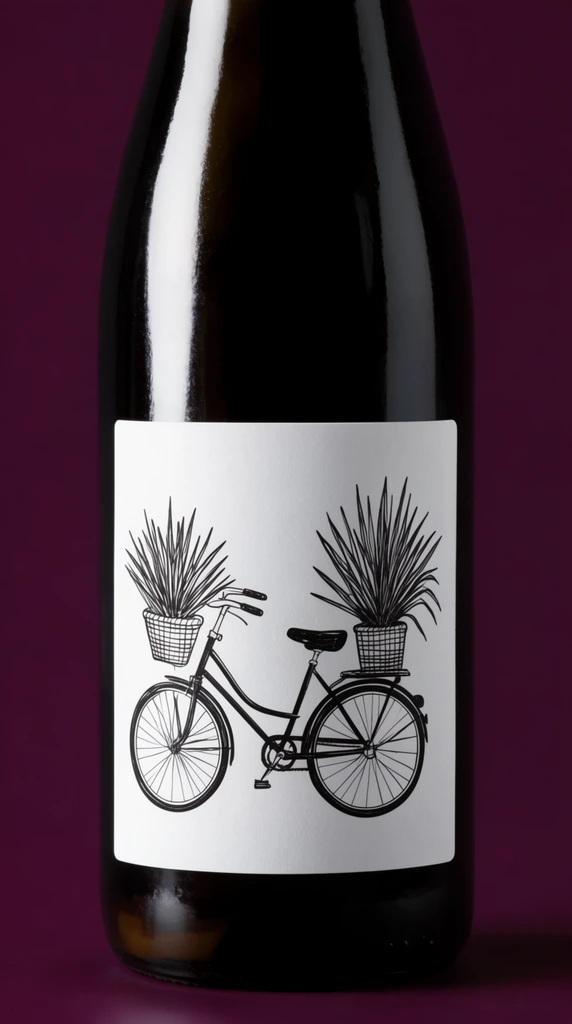 Close-up dark glossy bottle, white label featuring minimalist black line drawing of a tricycle with spiky plants in a basket, vertical light reflections, deep plum background
