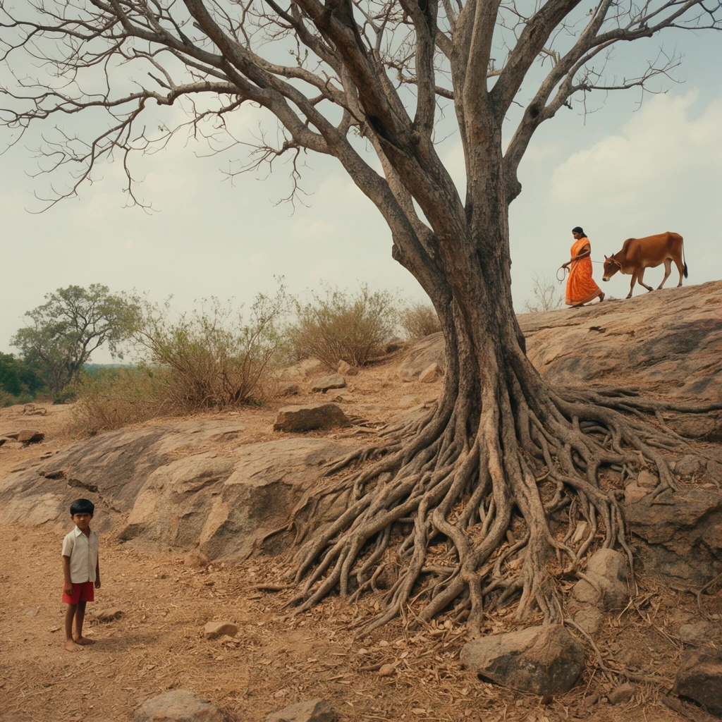 cinematic wide shot of an arid rocky landscape, massive bare tree with extensive exposed roots anchoring the right foreground, young boy in a light shirt and red shorts standing on dry earth to the left, woman in a vibrant orange sari leading a brown cow along a rocky ridge in the upper right background, scattered scrub brush, distant trees, pale sky with light clouds, deep focus, natural daylight, earthy color palette, wide aspect ratio