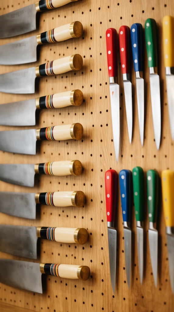 Artisanal kitchen knives are neatly organized on a light wooden pegboard. Horizontal rows of wide-bladed chef knives with brass accents and multi-colored striped or solid cream handles point to the left. On the right, slender paring knives point vertically below a sequence of vibrant red, blue, green, and yellow handles. Warm lighting highlights the brushed steel blades, captured with a shallow depth of field that softly blurs the left edge against the rhythmic grid of pegboard holes.