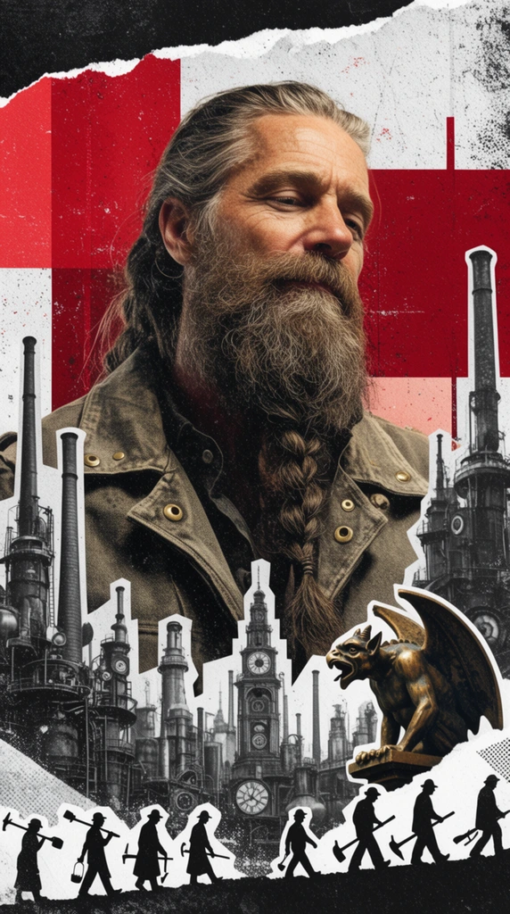 A mixed-media graphic design collage featuring a rugged older man with a thick braided beard and long pulled-back hair, wearing a heavy canvas jacket with brass rivets. He looks confidently downward with a stoic expression. The composition utilizes a high-contrast grunge aesthetic with torn paper edges bounding the top and bottom. A bold geometric backdrop of distressed crimson and stark white panels frames the figure. Integrated into the lower half and sides are monochromatic photographic cutouts of an industrial steampunk skyline with soaring smokestacks and clockwork towers. Silhouettes of Victorian workers carrying heavy tools line the bottom edge, while a cutout of a bronze gargoyle statue perches dynamically on the right. Halftone patterns, heavy grain, and rough textures unify the layered poster design.