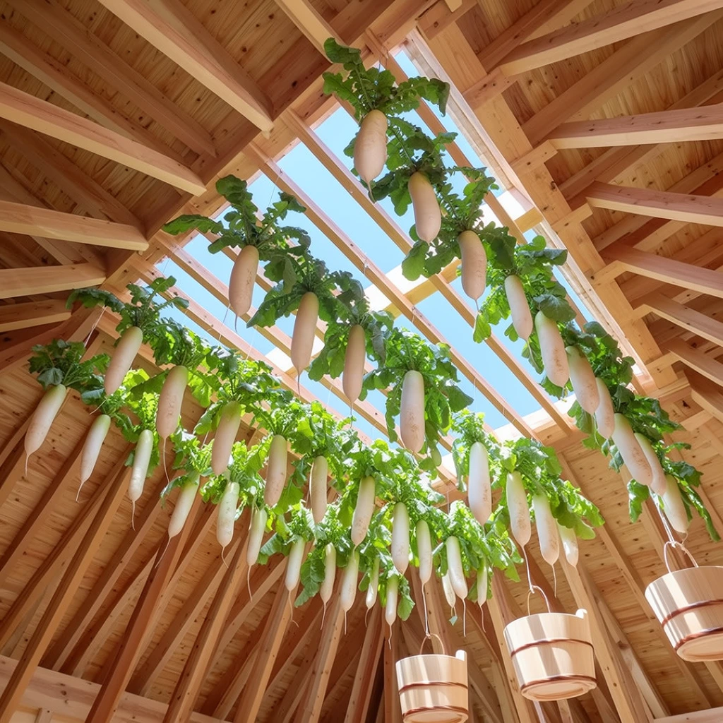 hanging daikon radishes with green leaves, light wood timber rafters, clear blue sky through slatted roof opening, suspended wooden buckets, bright daylight, low angle worm's-eye view, architectural photography