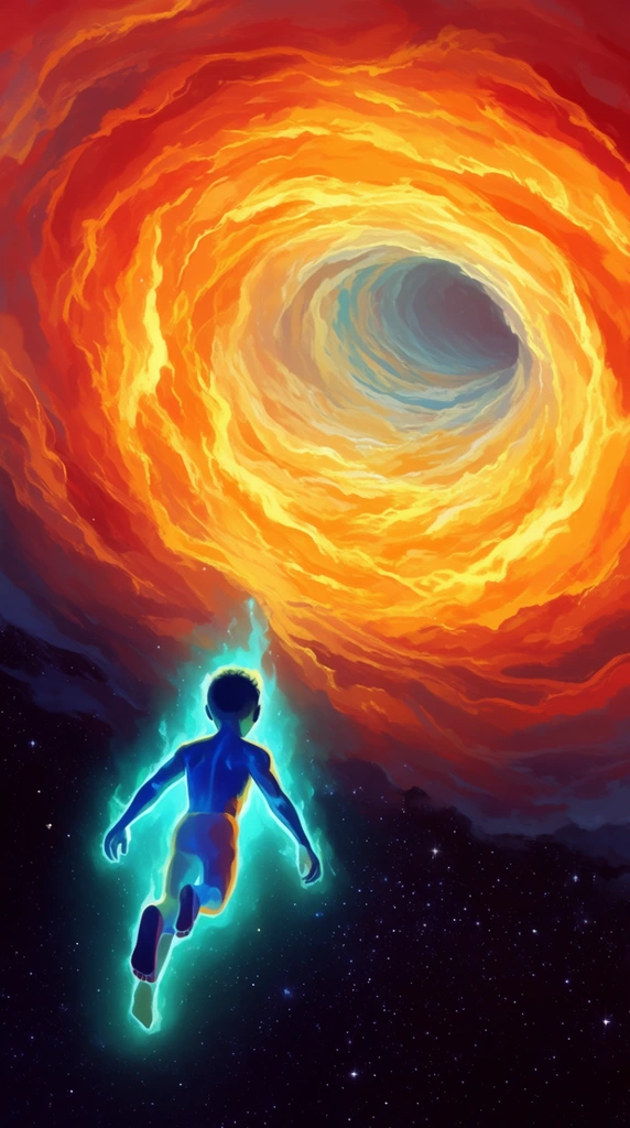 tiny humanoid figure with glowing cyan aura falling into a dark starry void, massive swirling energy tunnel of orange and yellow clouds, dramatic forced perspective, vibrant digital painting