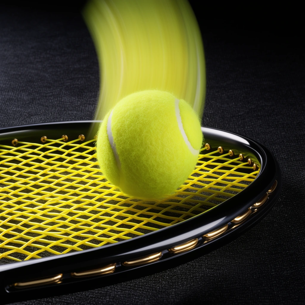 close-up of a neon yellow tennis ball striking a tennis racket, taut bright yellow woven strings, glossy black racket frame with gold-rimmed grommets, prominent upward yellow motion blur trail indicating high-speed impact, dark textured black fabric background, dramatic studio lighting, high contrast, macro product photography, dynamic action shot