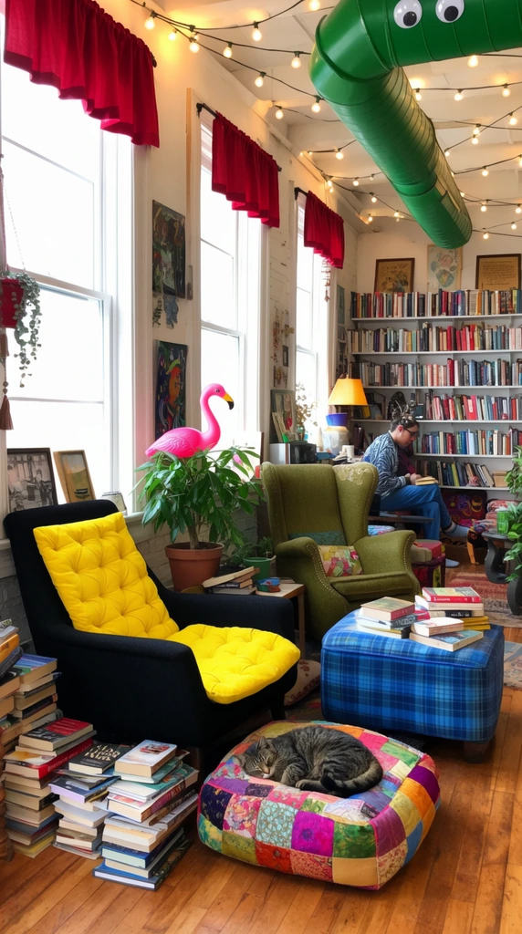 eclectic bohemian reading room, black armchair with bright yellow tufted cushion, olive green wingback chair, sleeping tabby cat on a colorful patchwork pouf, blue plaid ottoman, stacks of books on a hardwood floor, potted plant holding a pink plastic flamingo, tall brightly lit windows with short red curtains, person sitting in the background, walls lined with filled bookshelves, white ceiling crisscrossed with warm string lights, exposed green air duct decorated with googly eyes, colorful cluttered and quirky aesthetic, bright natural daylight