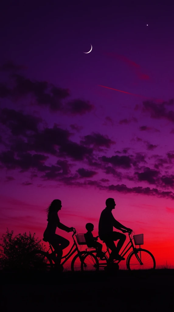 stark black silhouette of a family on bicycles, woman leading, man following with a child in a rear seat, set against a dramatically vibrant twilight sky, gradient transitioning from luminous red at the horizon to rich purple above, scattered dark clouds, thin crescent moon, faint red streak, single bright star, dark ground line, bush silhouette, high contrast photography, vivid magenta color palette