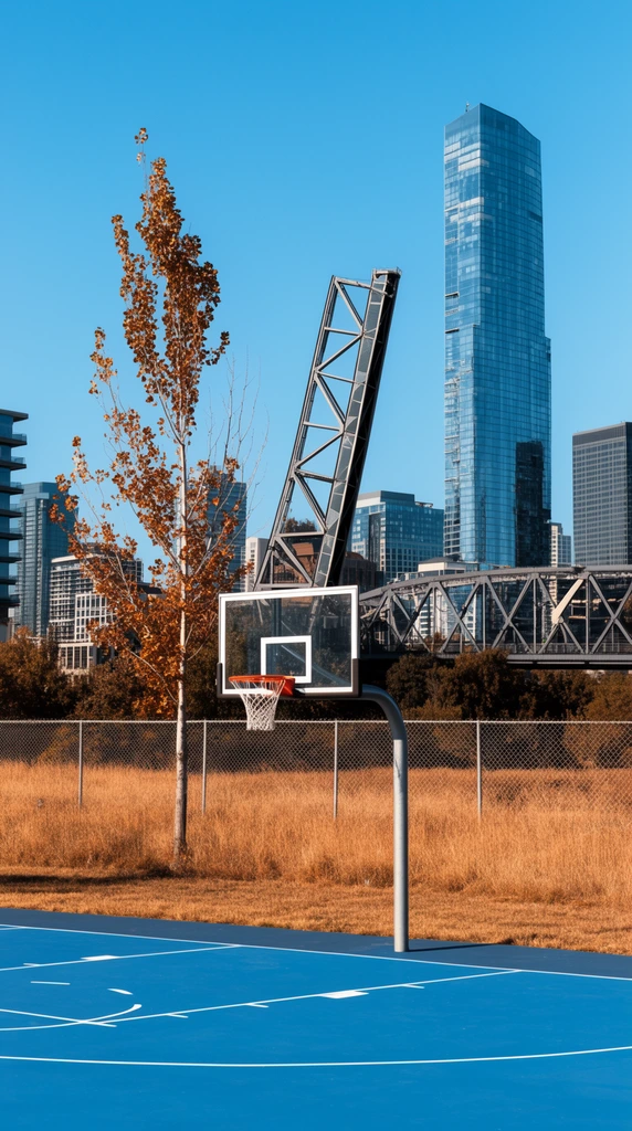 vibrant blue outdoor basketball court with white lines, clear backboard and orange rim on silver pole, chain-link fence separating court from dry golden grass, slender tree with autumn leaves, modern city skyline under clear blue sky, striking scissor-shaped metal bridge, tall glass skyscraper, bright daylight, warm earth tones contrasting cool blues, sharp focus, urban landscape photography