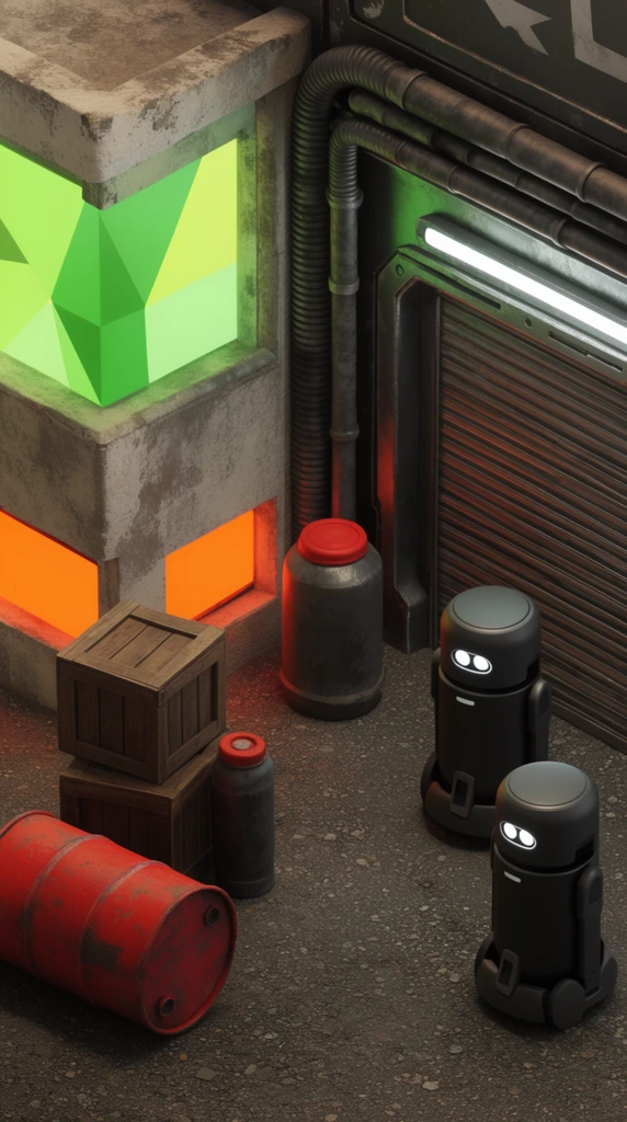 An isometric 3D render of a futuristic alleyway corner illuminated by vibrant neon lighting. A weathered concrete structure on the left features luminous green and bright orange geometric panels. Beside it, a dark metallic wall is detailed with corrugated pipes and a closed roll-up door under a white overhead strip light. The textured asphalt ground holds stacked brown crates, a weathered red barrel lying on its side, and a canister with a red lid. Two matte black cylindrical utility robots with glowing white optical slots stand nearby. The scene showcases realistic material textures, contrasting muted earthy tones against intense artificial light sources.