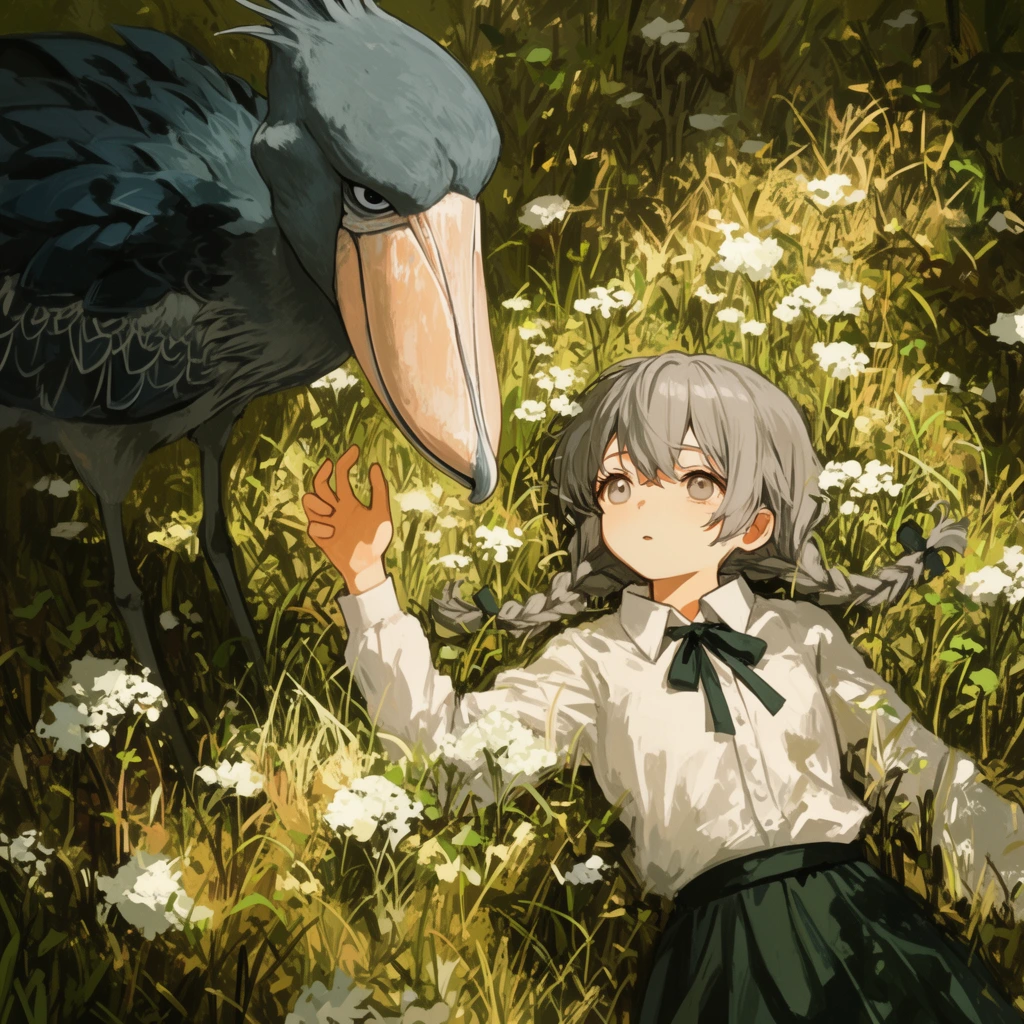 young girl lying in a meadow gazing at a giant shoebill stork, girl has twin braided grey hair wearing a white collared shirt and dark green skirt, reaching one hand toward the looming dark bird with a massive pale beak, surrounded by tall grass and white wildflowers, top-down view, dappled sunlight, painterly digital illustration, anime style, earthy colors