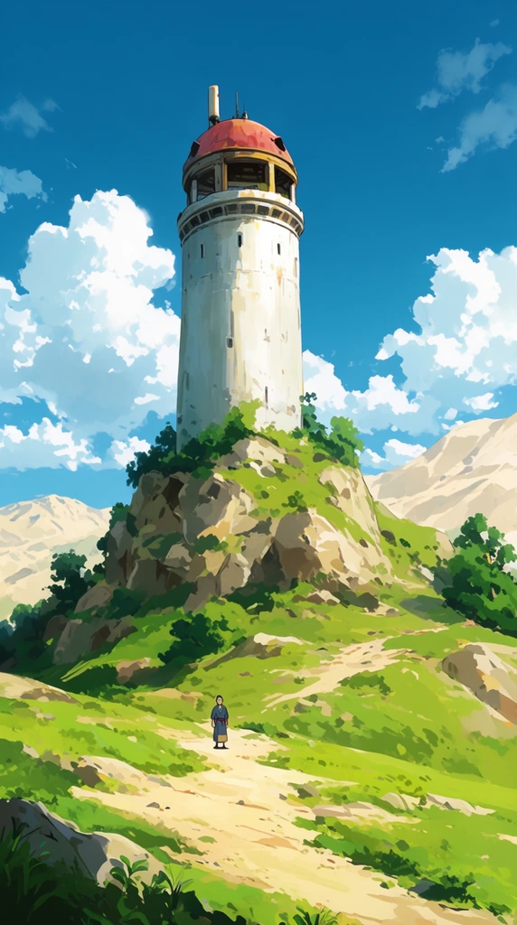 tall cylindrical white tower with domed reddish roof atop a rocky green hill, small solitary figure on a dirt path below, bright blue sky with fluffy white clouds, distant pale mountains, bright daytime lighting, vibrant painterly anime style illustration, cel-shaded textures