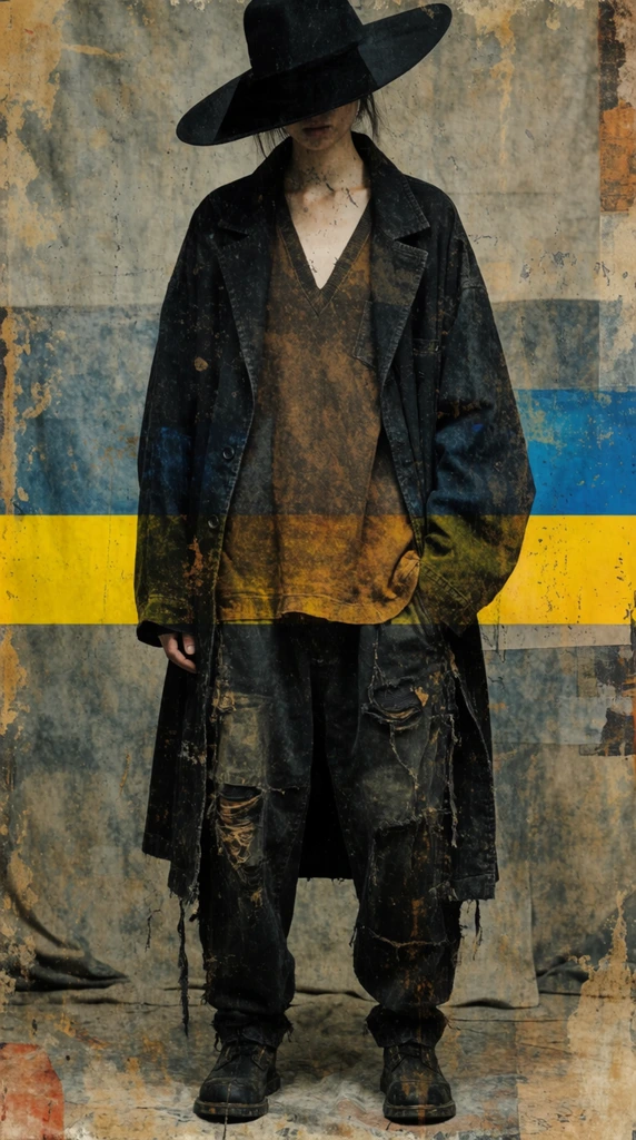 A standing figure wearing an oversized dark layered coat over a brown v-neck top and loose distressed pants. A wide-brimmed black hat tilts downward, completely obscuring the upper face. A distinct horizontal strip of solid yellow and blue cuts across the figure's midsection. The entire composition features a heavily distressed, faded grunge aesthetic resembling a worn, textured mixed media collage. Muted gray and tan tones dominate the background, creating a raw, moody fashion editorial atmosphere with rough, layered visual artifacts.