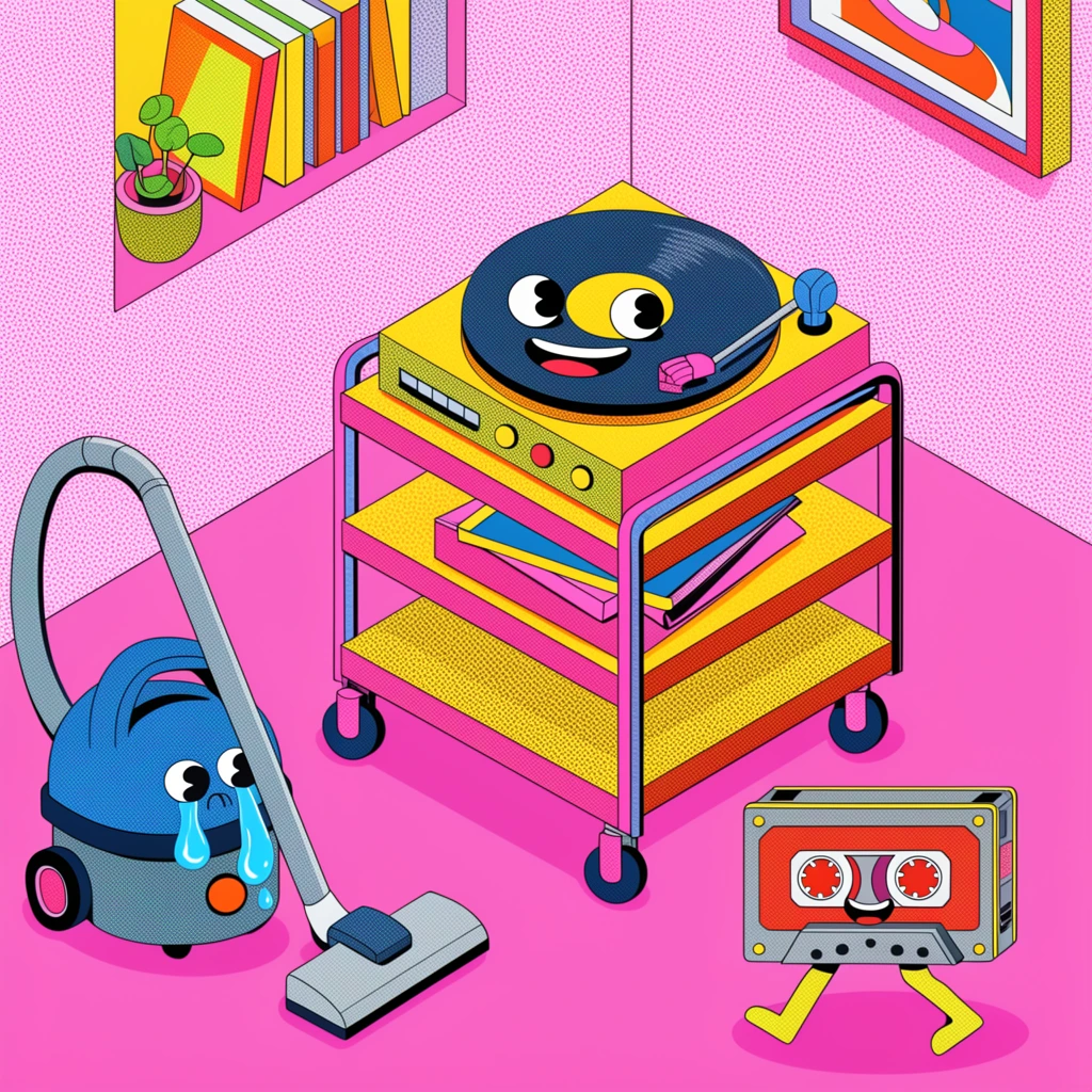 isometric pop-art room, halftone dot shading, anthropomorphic smiling record player on cart, crying vacuum cleaner, walking cassette creature, bright pink and yellow palette, vector graphics