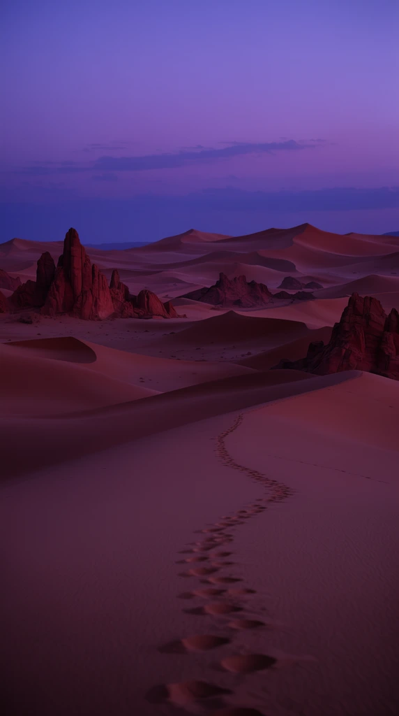 Deep violet twilight bathes a vast desert landscape of undulating sand dunes. A winding trail of footprints traverses the smooth foreground sand, leading toward jagged, reddish-brown rock formations jutting from the distant dunes in a soft, atmospheric matte painting style.