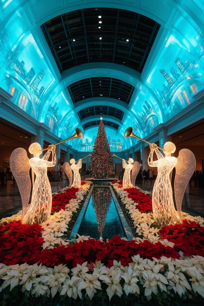 symmetrical indoor holiday display, central reflecting pool flanked by glowing wireframe angel statues holding trumpets, lush red and white poinsettia beds, towering decorated Christmas tree in distance, vaulted ceiling, arched walls bathed in bright cyan light with skyline projections, contrasting warm and cool festive lighting, wide-angle perspective
