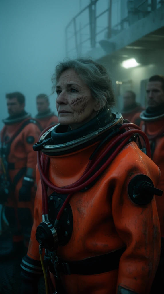 Deep-sea explorers stand on a fog-drenched research deck in a cinematic widescreen composition. The central figure, a scarred older woman, gazes off-camera wearing a bulky, bright orange saturation diving suit with a high rubber collar and loose red tubing. Out of focus behind her, several team members in matching orange suits stand solemnly. Deep shadows, cool teal ambient lighting, and dense mist create a somber, tense atmosphere.